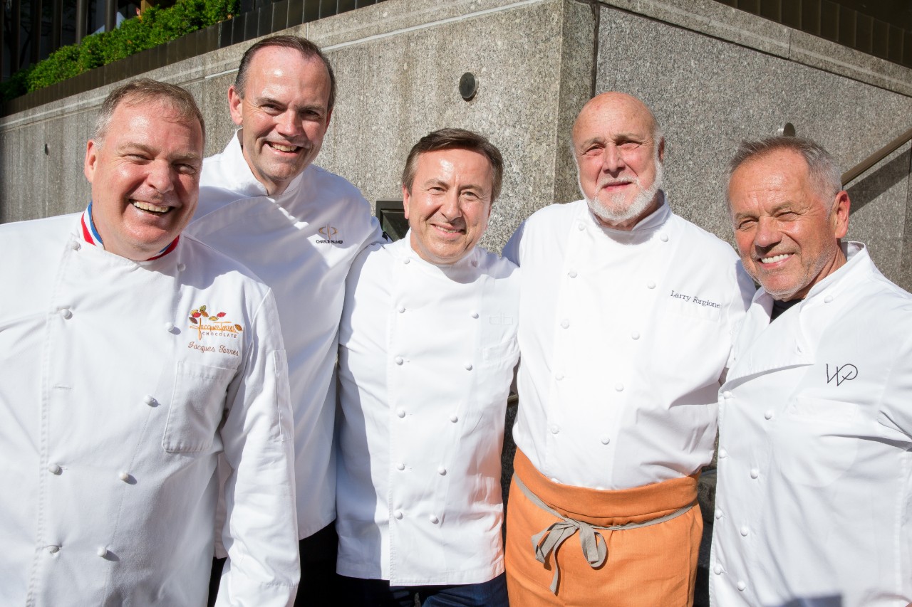 The annual Chefs' Tribute to Citymeals on Wheels (from l to r): Jacques Torres, Charlie Palmer, Daniel Boulud, Larry Forgione, and Wolfgang Puck (photo by Eric Vitale; courtesy Citymeals on Wheels)