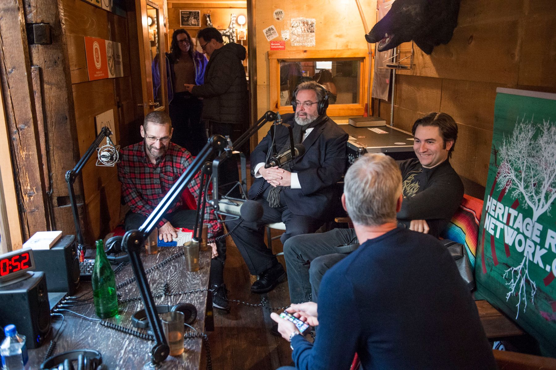 In the Heritage Radio Studio, just before airtime. From left to right: élan chef David Waltuck, restaurateur Drew Nieporent, and chef Alex Stupak of the Empellon restaurants. In the doorway: Heritage Radio Network Executive Director Erin Fairbanks and I. (photo by Evan Sung)
