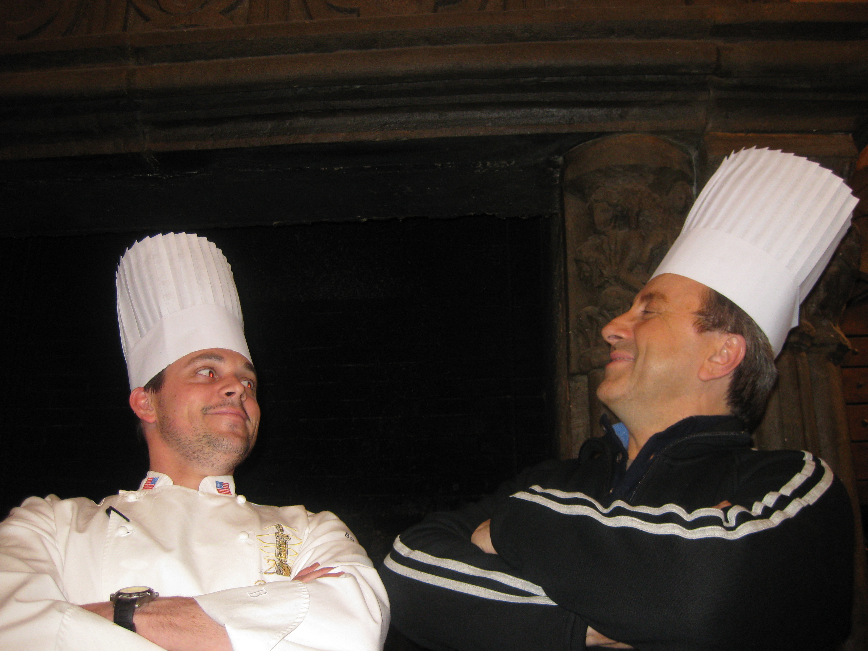 Gavin Kaysen shares a light moment with Daniel Boulud in Lyon.  January 2009. (photo © Table 12 Productions, Inc.)