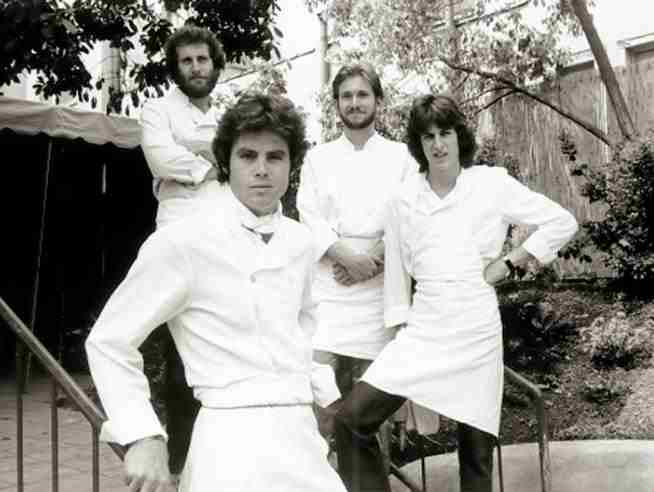 The opening team at Michael's in 1979 (from left to right) Jonathan Waxman, Michael McCarty (with kerchief), Mark Peel, and Ken Frank (photo courtesy Michael McCarty)
