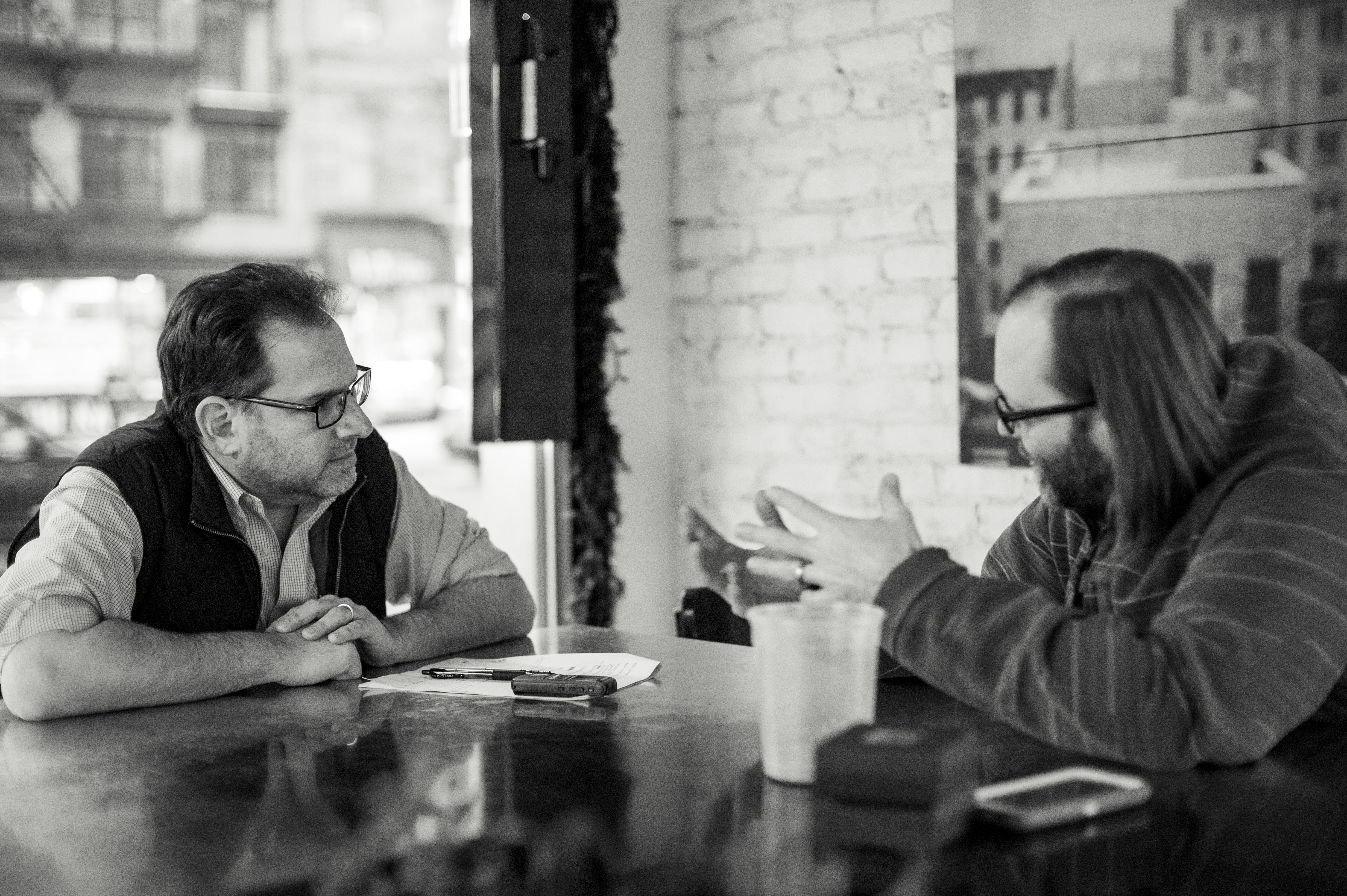 Wylie Dufresne, right, and Andrew Friedman. Alder Restaurant. December 22, 2014. (photo by Evan Sung)
